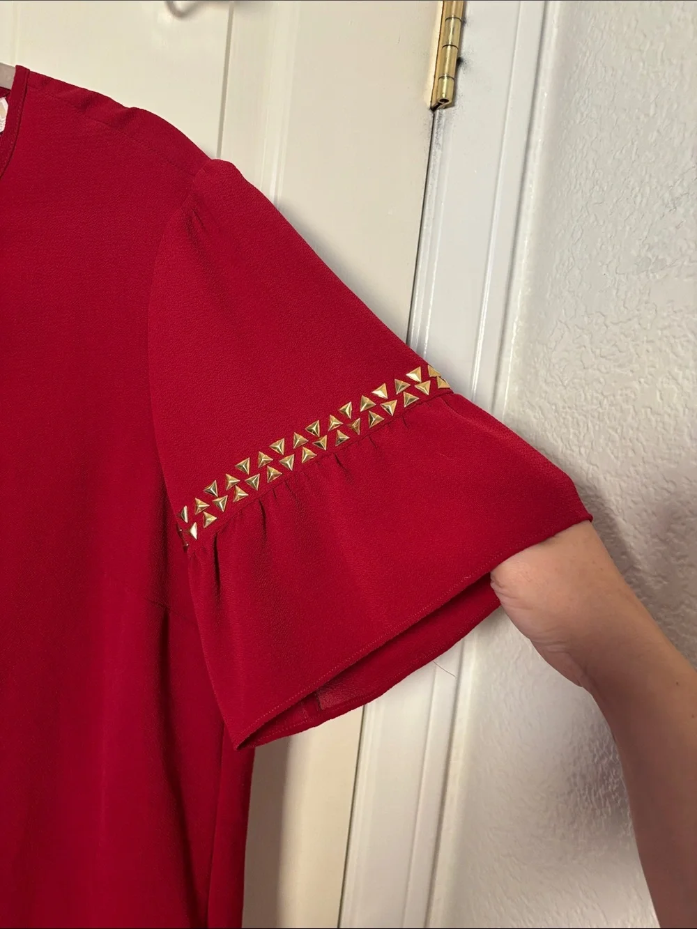 Micharl Kors burgundy Embellished Flutter Sleeve Top with gold studs